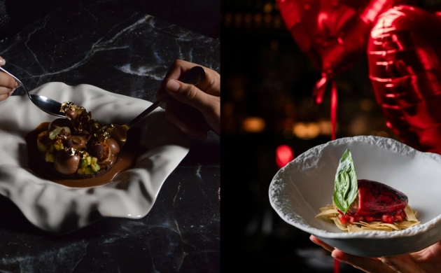 Plats gastronomiques lors d’un dîner romantique dans le noir pour la Saint-Valentin.