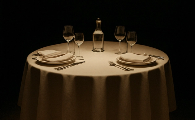 Table élégamment dressée pour deux personnes avec verres à vin, assiettes et bouteille, dans une lumière tamisée.
