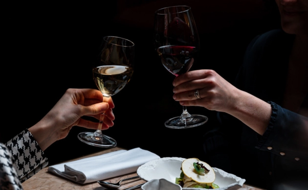 Deux personnes trinquant avec du vin rouge et blanc lors d'un dîner raffiné, avec une assiette gastronomique en premier plan et une ambiance tamisée.