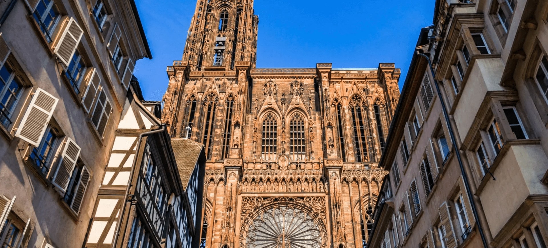 Impressive view of Strasbourg Cathedral under a blue sky, surrounded by typical Alsatian buildings