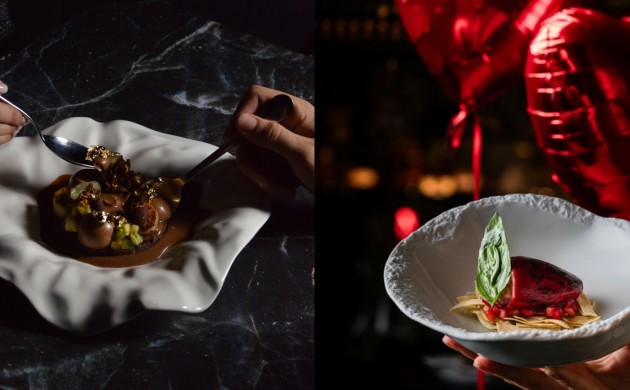 Plats gastronomiques lors d’un dîner romantique dans le noir pour la Saint-Valentin.