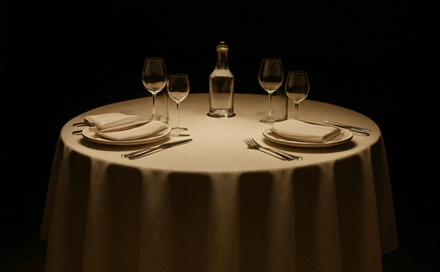 Table élégamment dressée pour deux personnes avec verres à vin, assiettes et bouteille, dans une lumière tamisée.