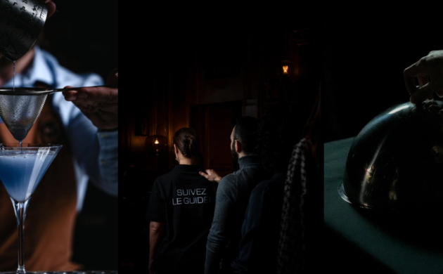 Montage de trois scènes immersives : un cocktail bleu filtré par un barman, un groupe de convives suivant un guide dans l'obscurité, et un plat sous une cloche argentée prêt à être dévoilé.