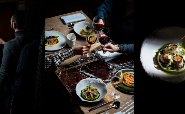 Scène immersive d'une expérience gastronomique avec des plats raffinés et un accord mets-vins dans une ambiance élégante.